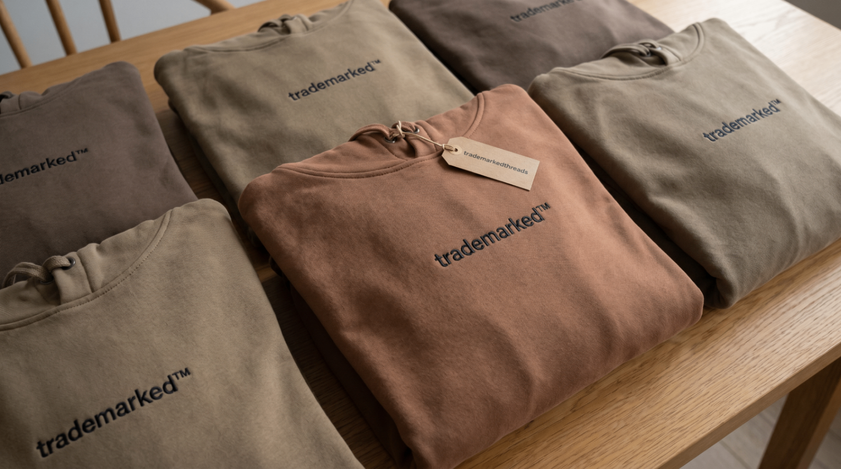 Folded Trademarked Threads hoodies in soft neutral colors on a wooden table.