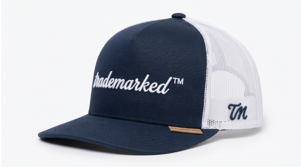 Trademarked Threads core trucker hat with embroidered script wordmark.